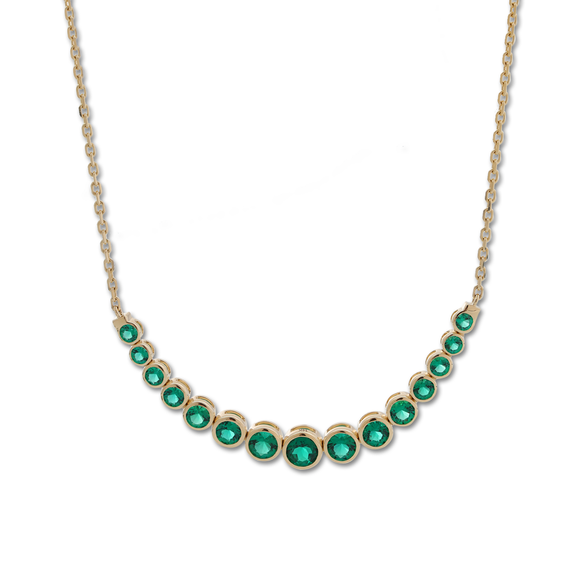 14K Yellow Gold Round Lab Columbian Emerald Bezel Smile Pendant Necklace