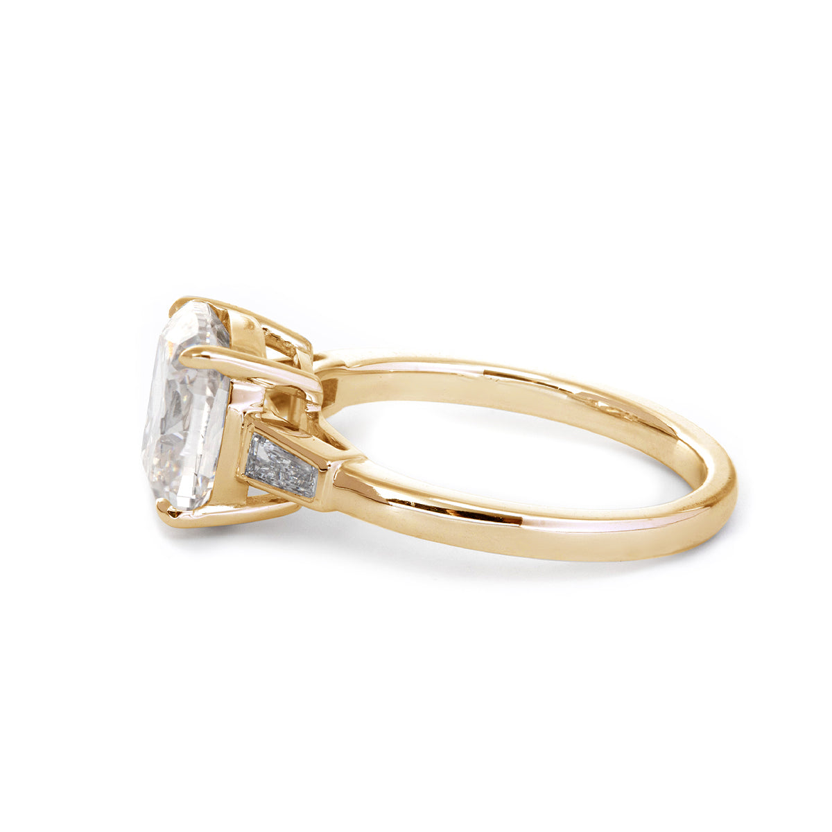 14K White Gold 3ct Old Mine Cut Diamond Tapered Three-Stone Ring 18K Yellow Gold 3ct Old Mine Cut Lab Diamond GH VS