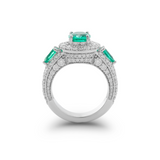 14K White Gold 9*7mm Oval Columbian Lab Emerald Vintage Ring with Pear Lab Emerald and Round Lab Diamond Side-stones Pave