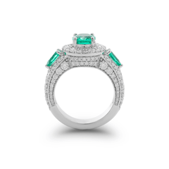 14K White Gold 9*7mm Oval Columbian Lab Emerald Vintage Ring with Pear Lab Emerald and Round Lab Diamond Side-stones Pave