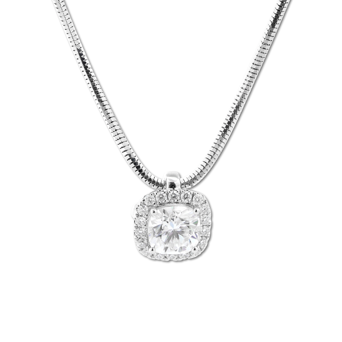 14K White Gold 2ct Cushion Lab Diamond Pendant Necklace with Round Lab Diamond Halo and Snake Chain