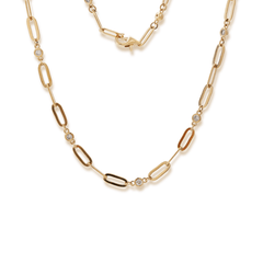 14K Yellow Gold Round Lab Diamond Cross Squashed Chain Station Necklace