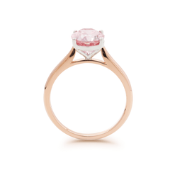 14K Rose Gold Oval Pink Lab Corundum Solitaire Ring in 4 White Gold Round Prong Cathedral Setting Design