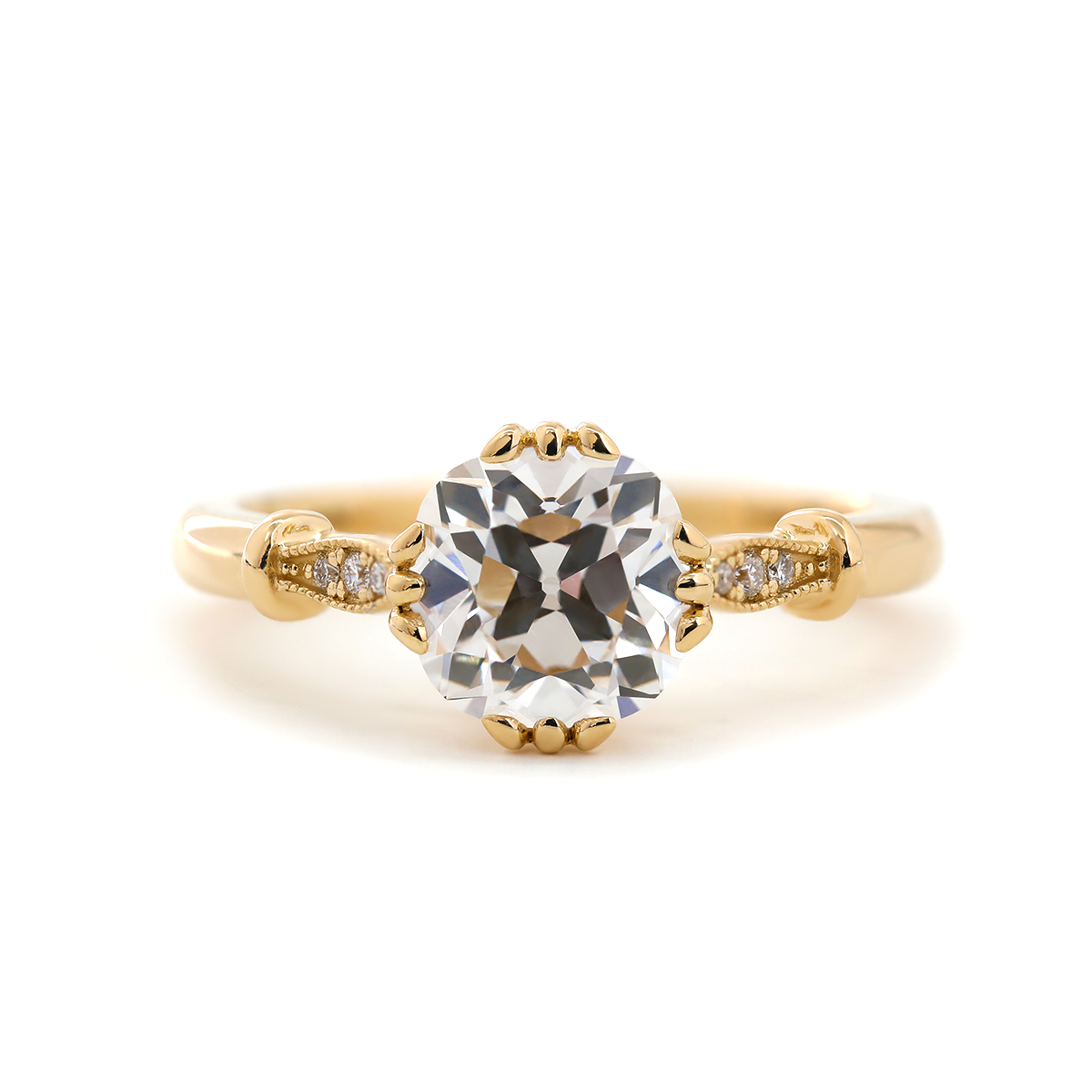 14K Yellow Gold 1.5ct Old Mine Cut Lab Grown Diamond Triple Prong Floral Basket Setting Vintage Ring – Art Nouveau Nature-Inspired Design