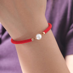 18K Yellow Gold Freshwater Pearl Red String Bracelet