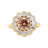 14K Yellow Gold 1.5ct Round Cut Light Brown Lab Diamond Bezel Ring with Roound Lab Diamond Halo