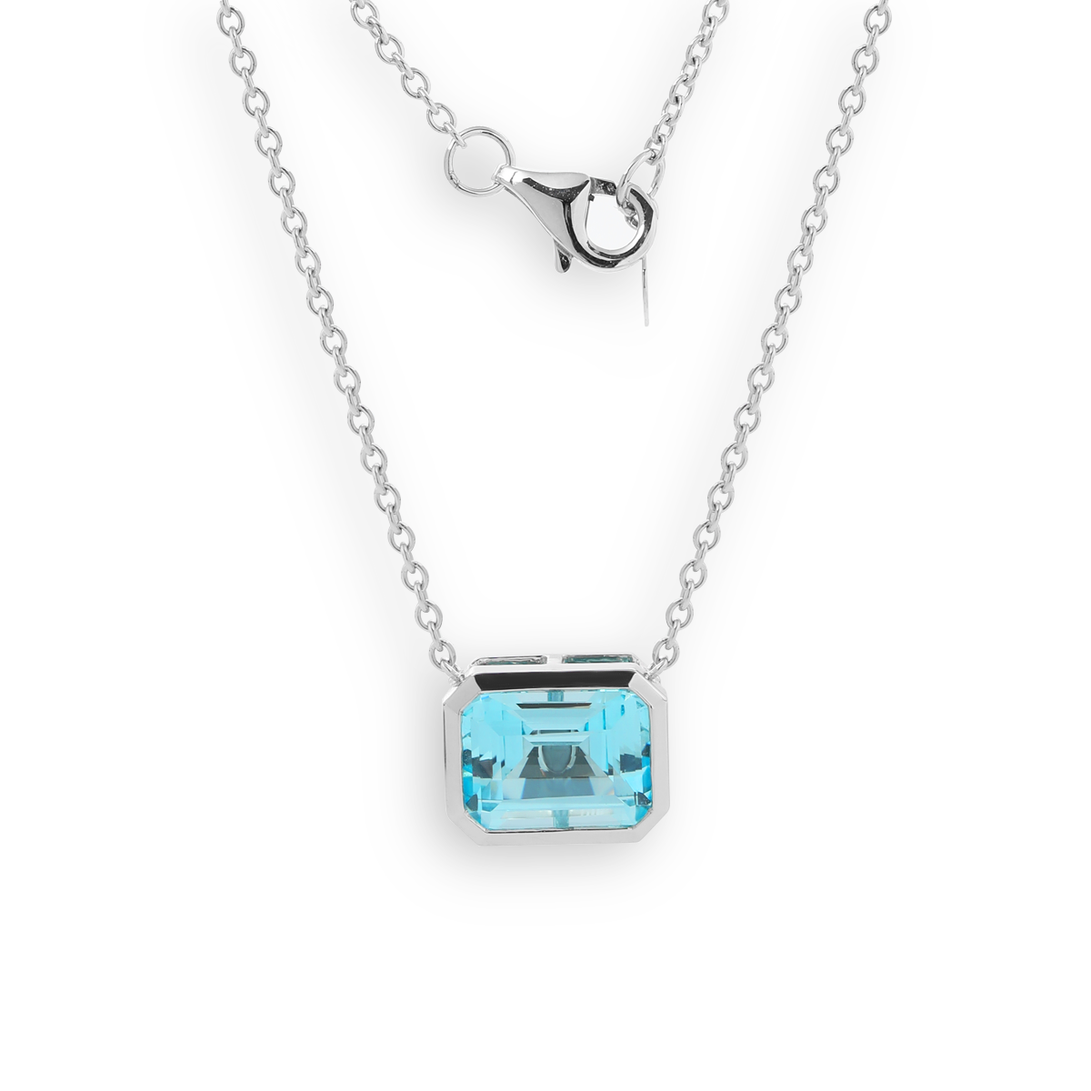 14K White Gold 3ct Aquamarine Blue Emerald Cut Lab Corundum Bezel Pendant Necklace
