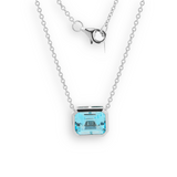 14K White Gold 3ct Aquamarine Blue Emerald Cut Lab Corundum Bezel Pendant Necklace