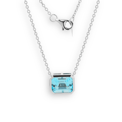 14K White Gold 3ct Aquamarine Blue Emerald Cut Lab Corundum Bezel Pendant Necklace