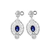 18K White Gold 7*5mm Oval Royal Blue Lab Sapphire and Lab Diamond Victorian Peacock Plume Chandelier Earrings