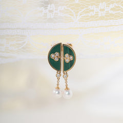 18K Yellow Gold Malachite and Freshwater Pearl Drop Earrings