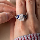 Platinum 5.5ct Emerald Cut Lab Diamond Vintage Ring with Lab Sapphire and Baguette Lab Diamond Side-Stones
