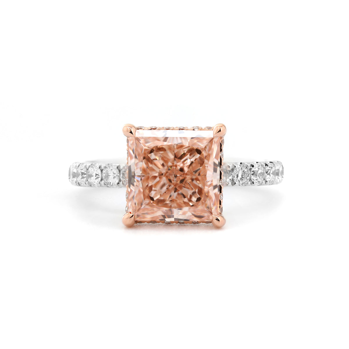 3.31ct Princess Cut Lab Pink Diamond 4 Claw Prongs Setting Engagement Pave Ring with Hidden Halo