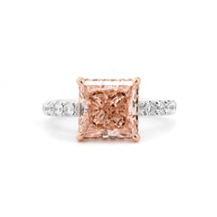 3.31ct Princess Cut Lab Pink Diamond 4 Claw Prongs Setting Engagement Pave Ring with Hidden Halo