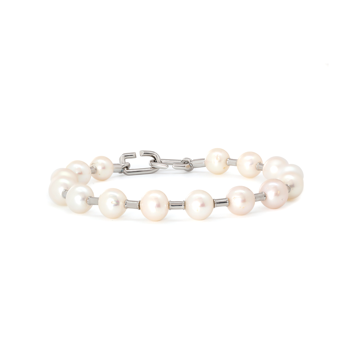14K White Gold Near-round Fresh-water Pearl Bracelet