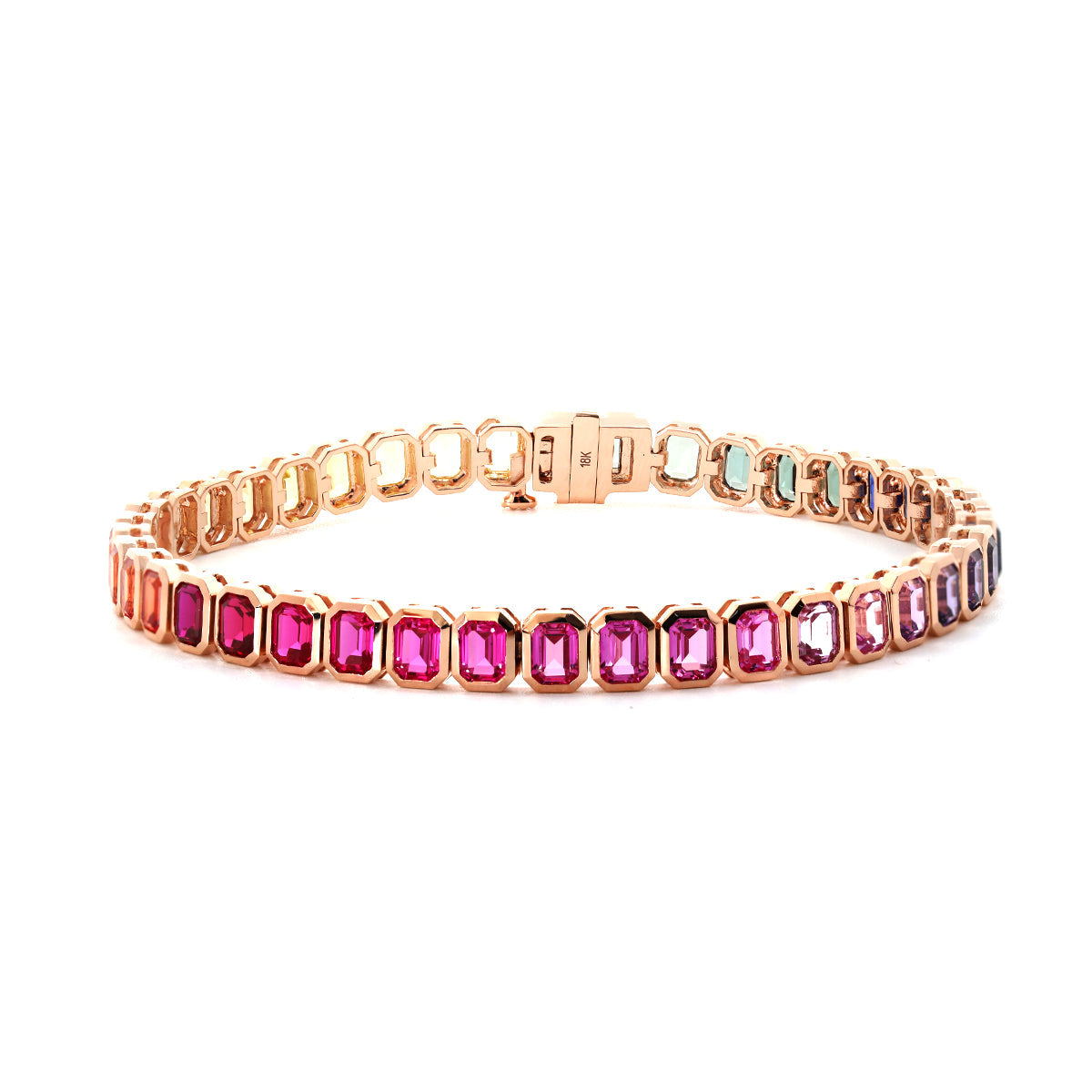 18K Rose Gold Emerald Cut Rainbow Color Lab Sapphie Bezel Setting Tennis Bracelet