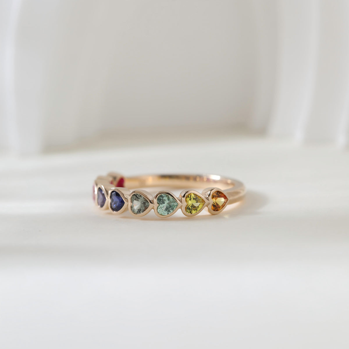 10K Yellow Gold Heart Shaped Rainbow Color Synthetic Corundum Half Eternity Ring
