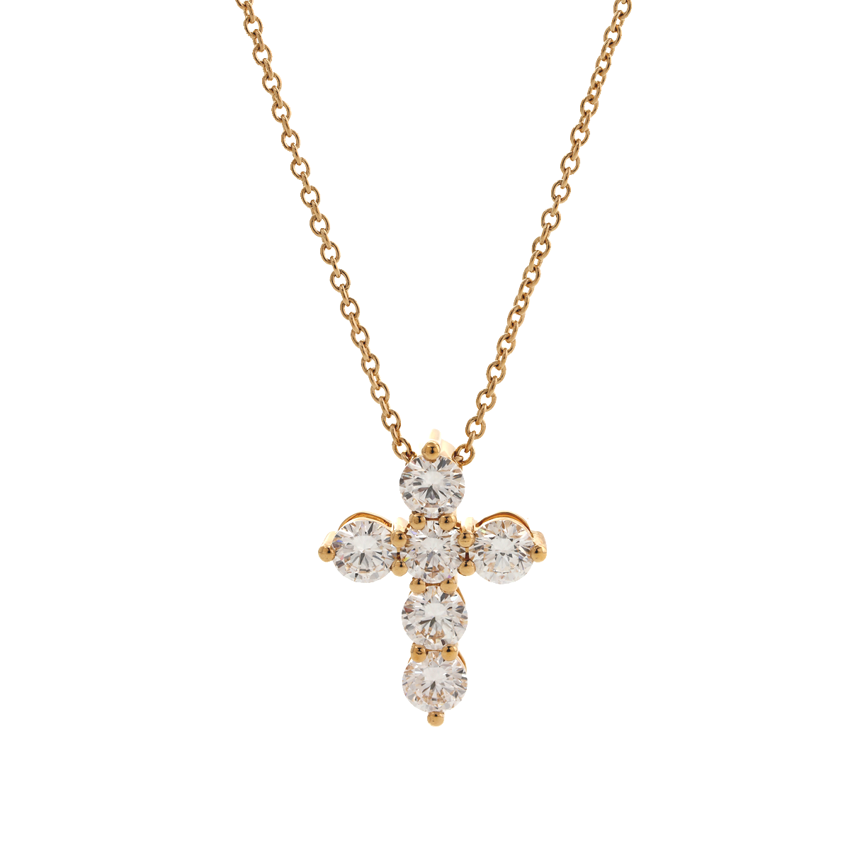 18K Yollow Gold Round Lab Diamond 6-Stone Cross Pendant Necklace