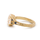 14K Yellow Gold 2.5ct Pear Lab Diamond with Round Lab Diamond and Lab Sapphire Side-stone Millegrain Floral Engraving Ring-Art Nouveau Nature-Inspired