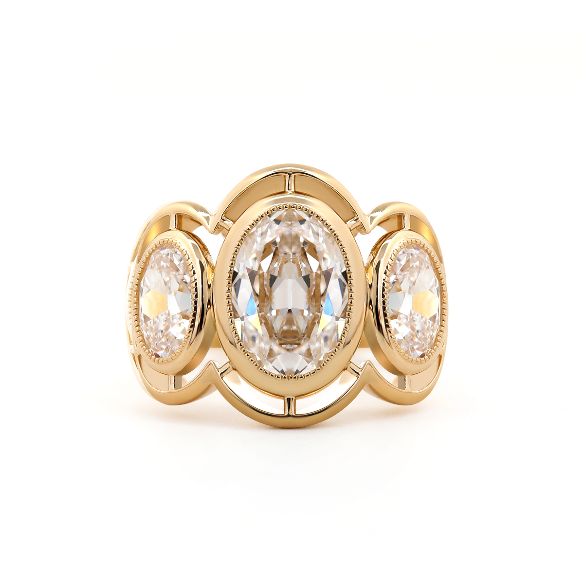 14K Yellow Gold 3ct Oval Old Mine Cut Lab Diamond Victoran-Style Millegrain Bezel Three Stone Ring
