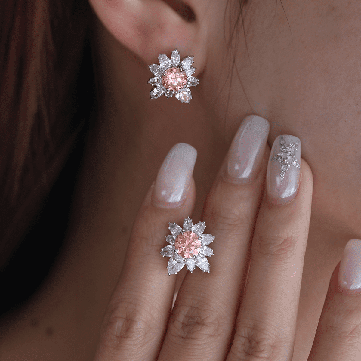 2CTW Pink Round - Cut Lab Diamond Floral Nature - Inspired Stud Earrings - MMR