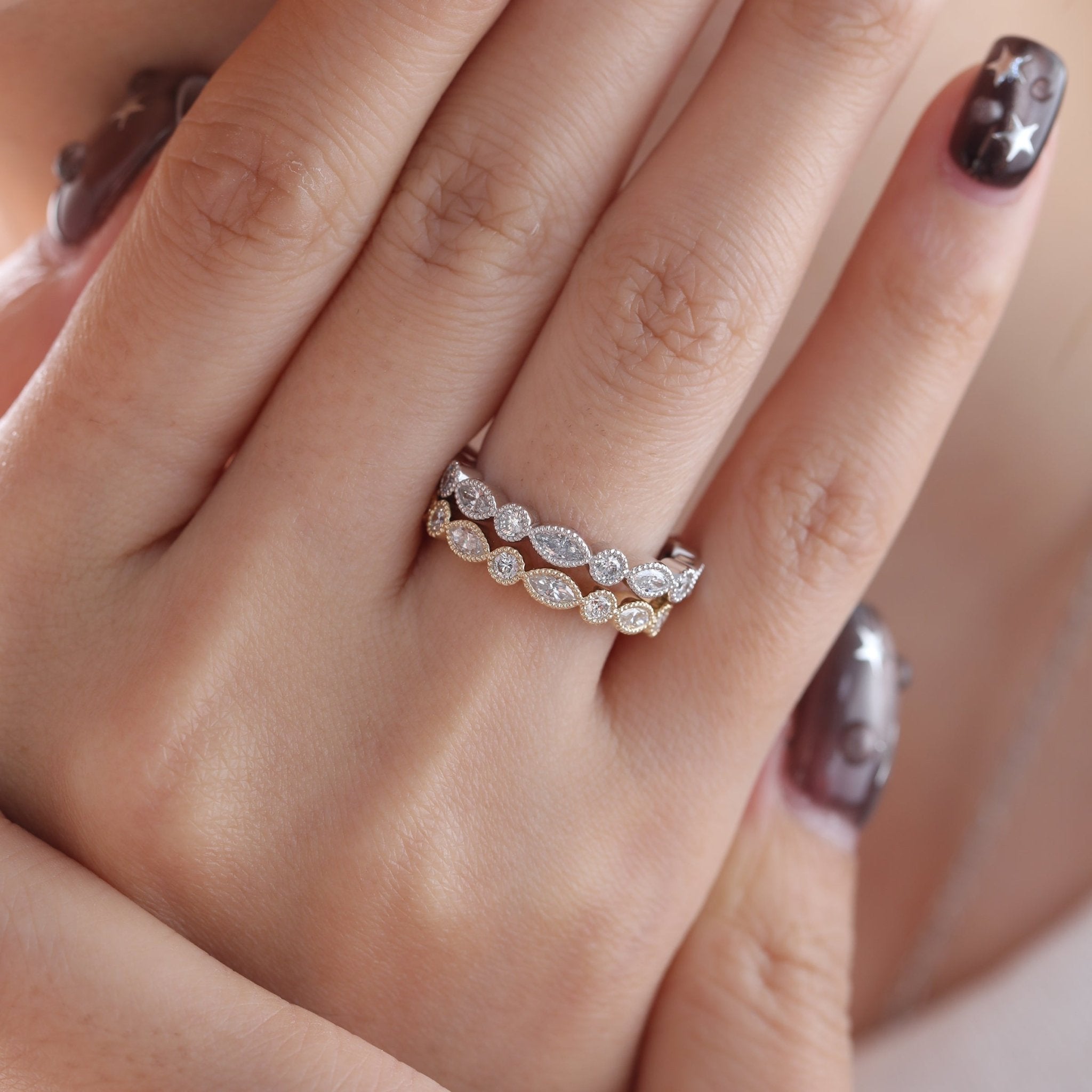 2mm Round and 4*2mm Marquise Cut Lab Diamond Millegrain Bezel Eternity Ring - MMR