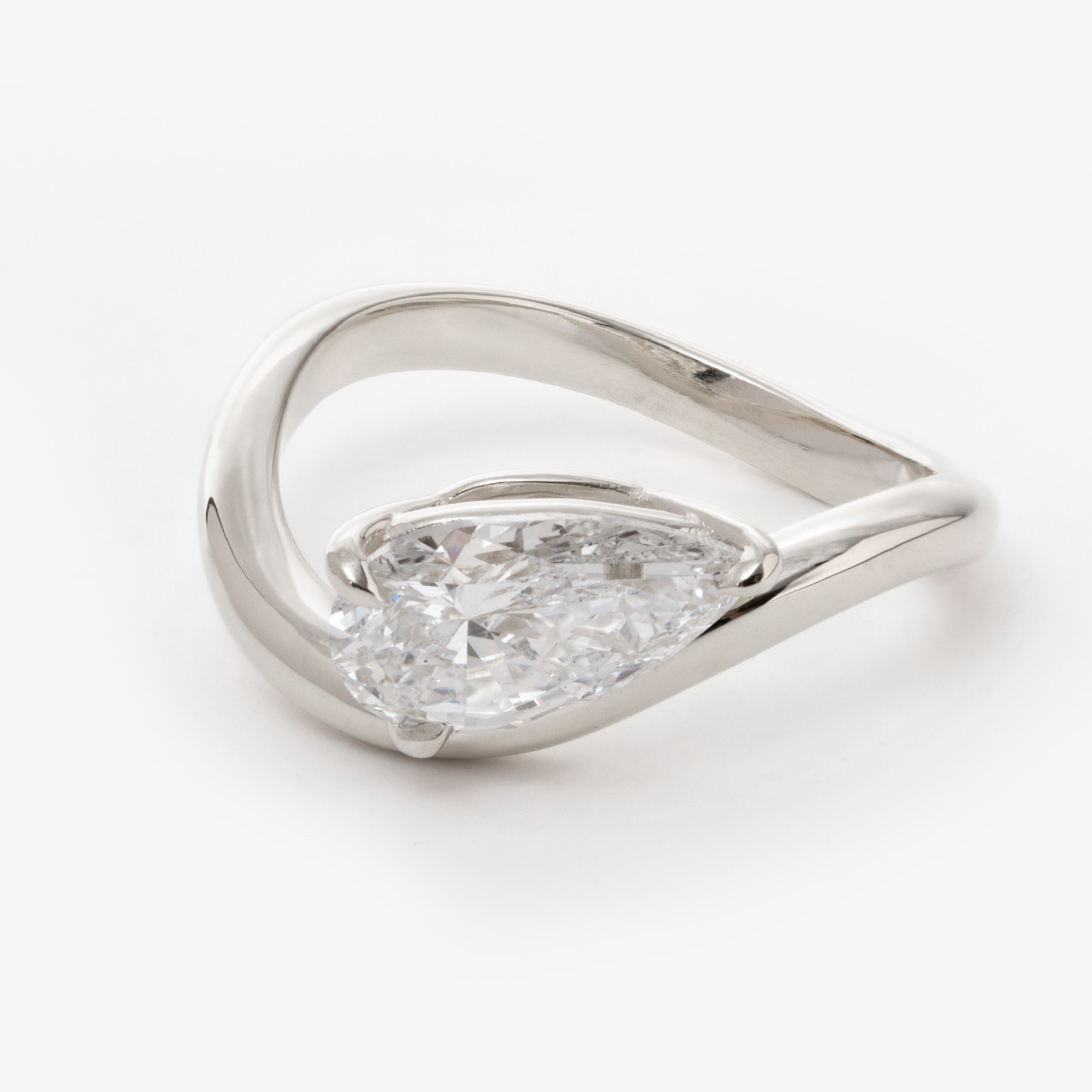 14K Yellow Gold 2 Carat Solitaire Diamond Ring with Pear Cut Lab Diamond and Wave Design Platinum