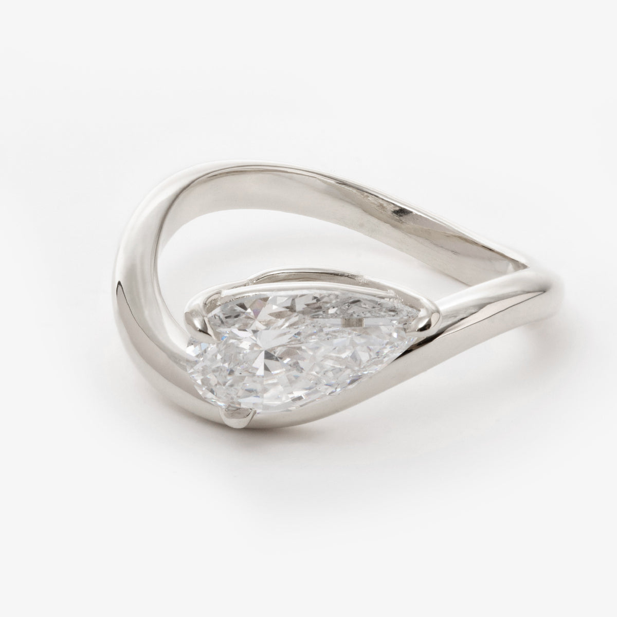 14K Yellow Gold 2 Carat Solitaire Diamond Ring with Pear Cut Lab Diamond and Wave Design Platinum