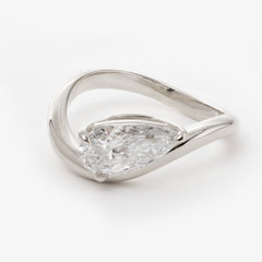 14K Yellow Gold 2 Carat Solitaire Diamond Ring with Pear Cut Lab Diamond and Wave Design Platinum