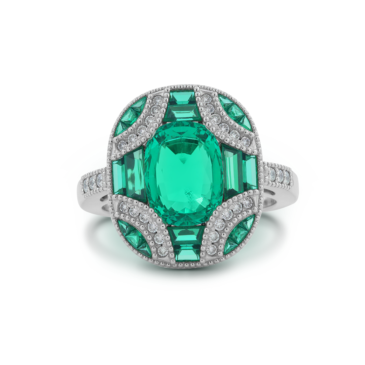 18K White Gold 2ct Cushion Lab Columbian Emerald Millegrain Invisible Setting Vintage Ring with Round Lab Diamond and Mixed Cut Lab Columbian Emerald Side-stones