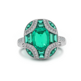 18K White Gold 2ct Cushion Lab Columbian Emerald Millegrain Invisible Setting Vintage Ring with Round Lab Diamond and Mixed Cut Lab Columbian Emerald Side-stones