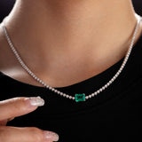14K White Gold 1.8mm Round Lab Diamond Tennis Necklace with A 8*6mm Lab Emerald