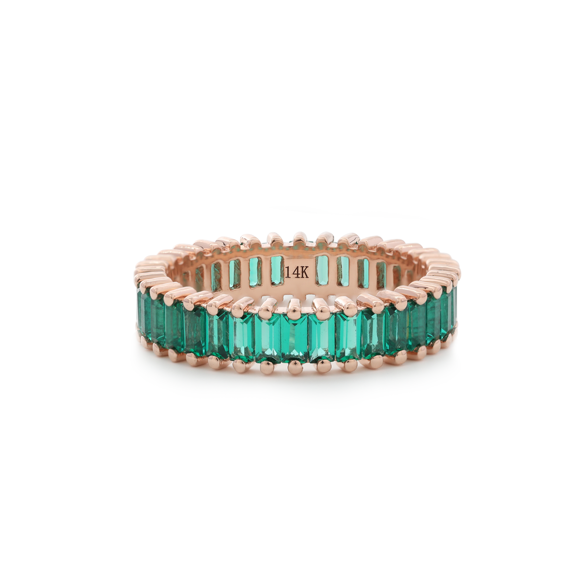 14K Rose Gold 3*1.5mm Baguette Cut Zambian Lab Emerald Eternity Ring