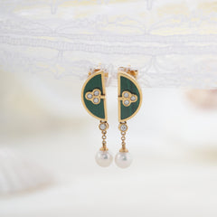 18K Yellow Gold Malachite and Freshwater Pearl Drop Earrings