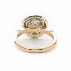 14K Yellow Gold 2ct Old European Cut Lab Diamond Miillegrain Vintage Ring with a 14K White Gold Round Diamond Halo