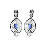 18K White Gold 7*5mm Oval Royal Blue Lab Sapphire and Lab Diamond Victorian Peacock Plume Chandelier Earrings