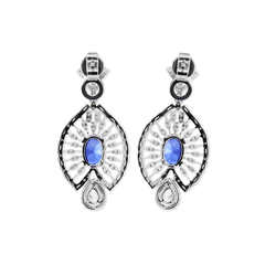 7*5mm Oval Royal Blue Lab Sapphire and Lab Diamond Victorian Peacock Plume Chandelier Earrings