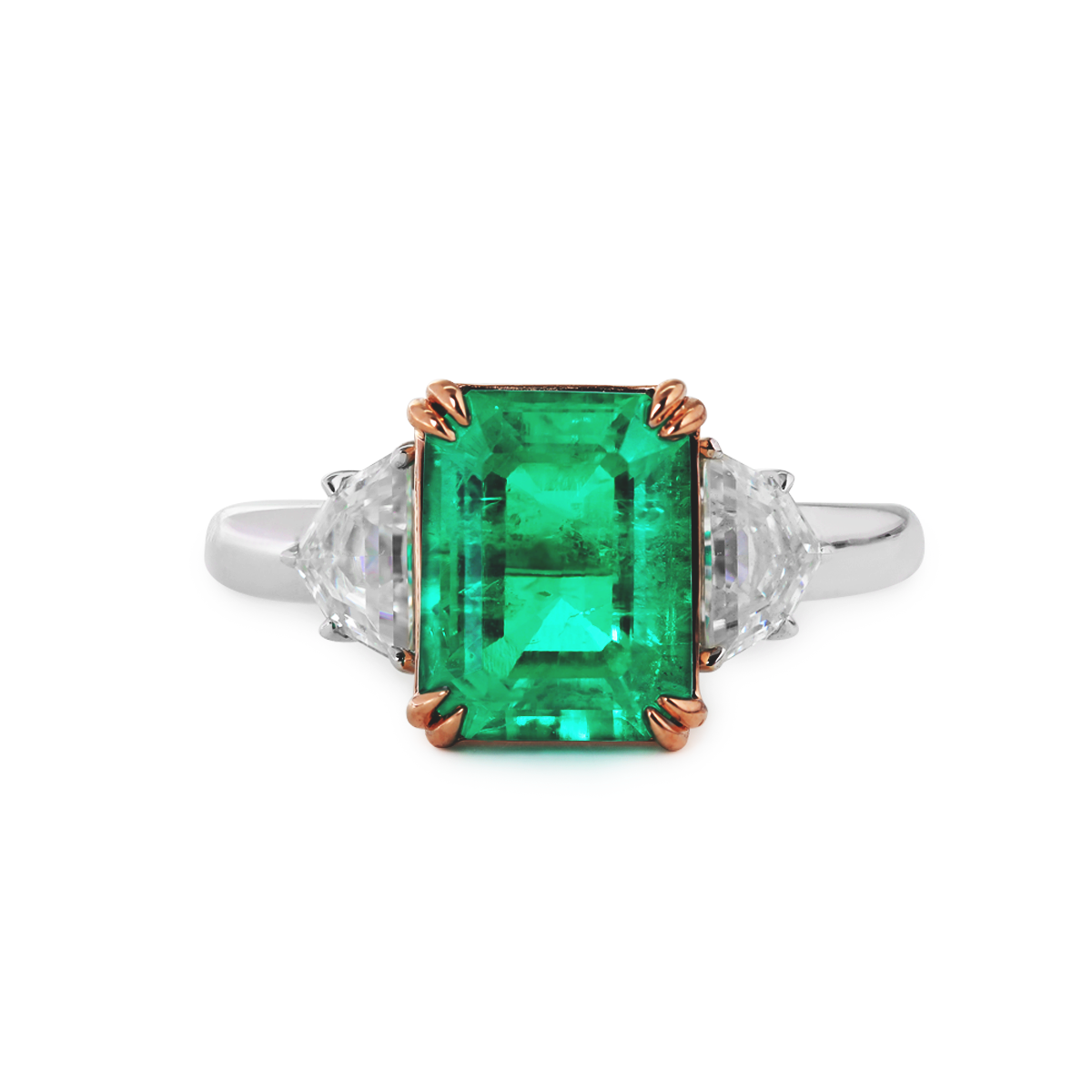 18K White and Rose Gold 2ct Lab Emerald Three Stone Ring with Cadillac Cut Lab Diamond Side-stone