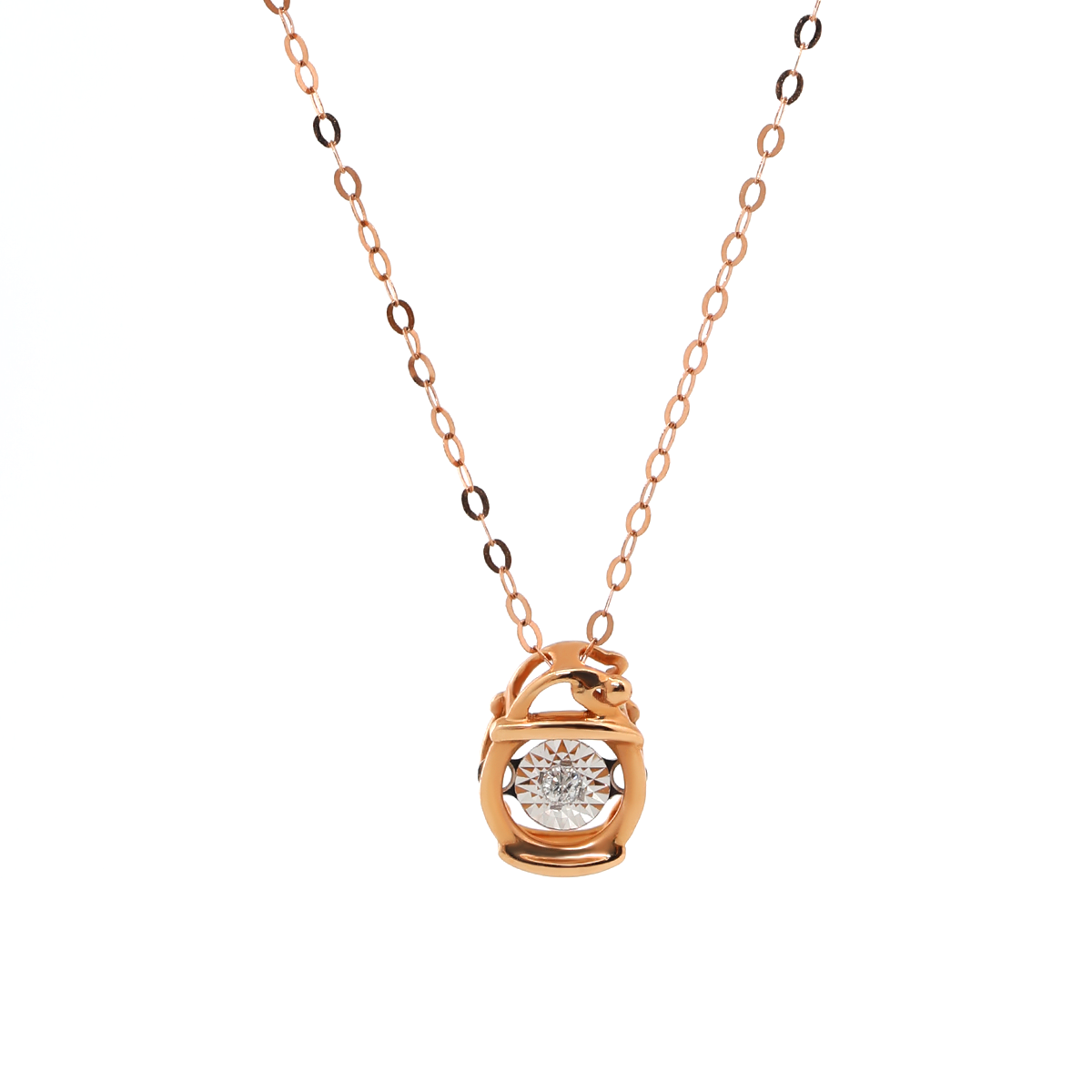14K Rose Gold Round Lab Diamond Pendant Necklace Inspired by Lamps with Round Lab Diamond in A Diamond-Cut Texture Halo