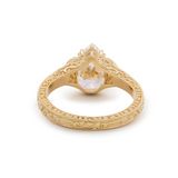 14K Yellow Gold 2.5ct Pear Lab Diamond with Round Lab Diamond and Lab Sapphire Side-stone Millegrain Floral Engraving Ring-Art Nouveau Nature-Inspired