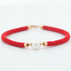 18K Yellow Gold Freshwater Pearl Red String Bracelet