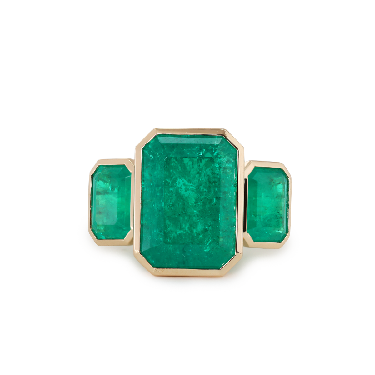 14K Yellow Gold 10.5 ct tw Emerald Cut Colombian Lab Emerald Bezel Setting Three-stone Ring