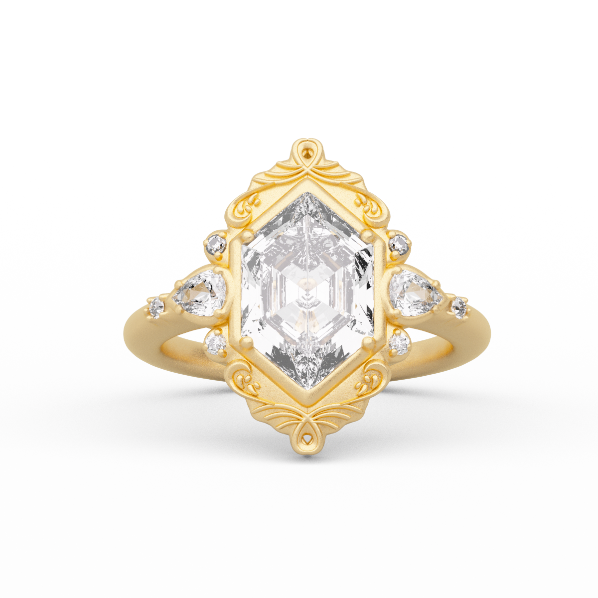 14K Yellow Gold 2ct Elongated Hexagonal Cut Lab Diamond Victoran-Style Bezel Ring with Floral Motifs