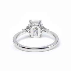 14K White Gold 1.5ct Radiant Cut Lab Diamond Three Stone Ring with Triangular Cut Lab Diamond Side Stones and Tapered Band Design