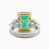 18K White and Yellow Gold 6ct Lab Emerald Three Stone Ring with Pear Cut Lab Diamond Side-stone