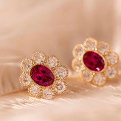 Oval Pink Sapphire & Round Lab Diamond Flower Millegrain Bezel Stud Earrings