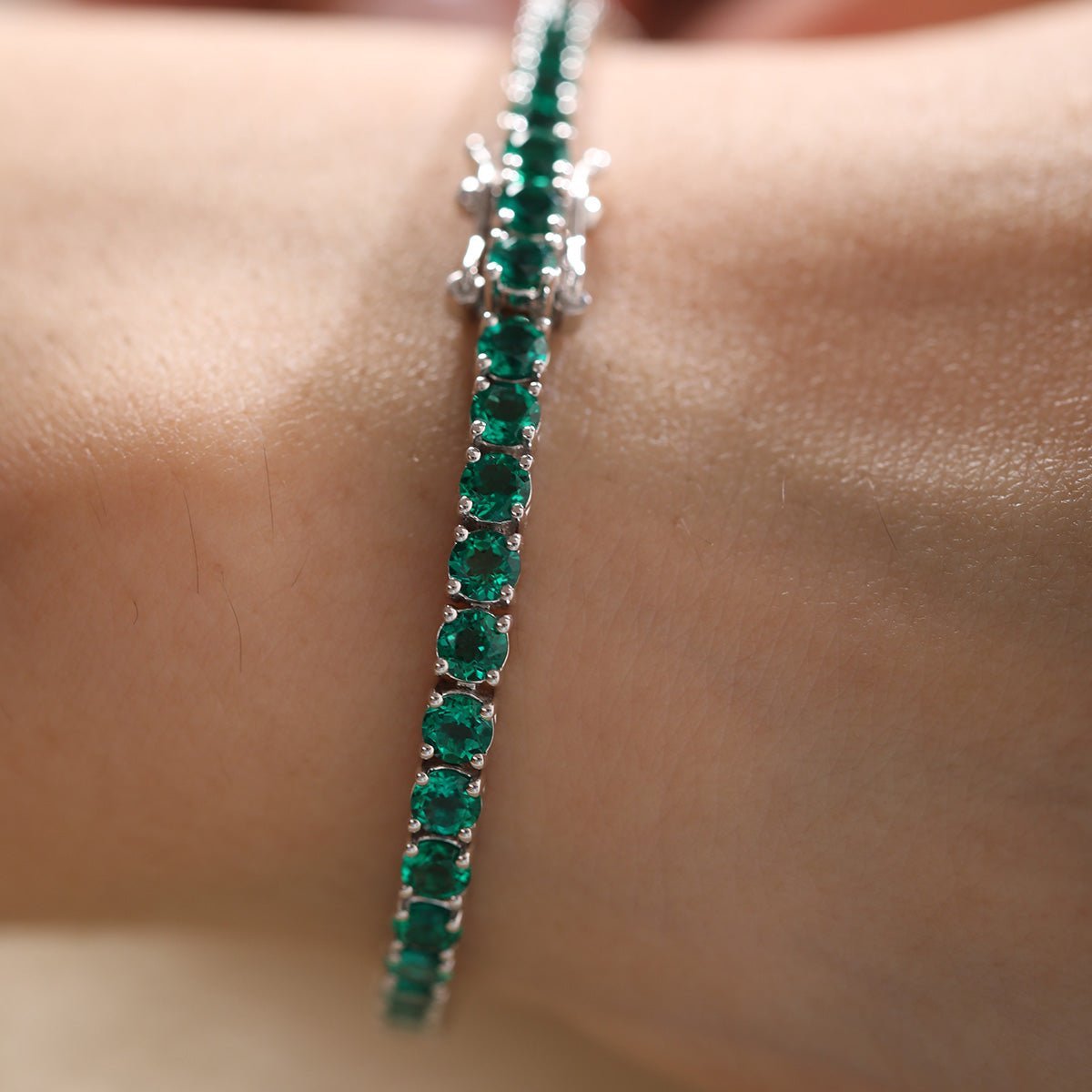 3mm Round Zambian Lab Emerald 4 Prong Basket Tennis Bracelet with Box Clasp and Double Safety - MMR