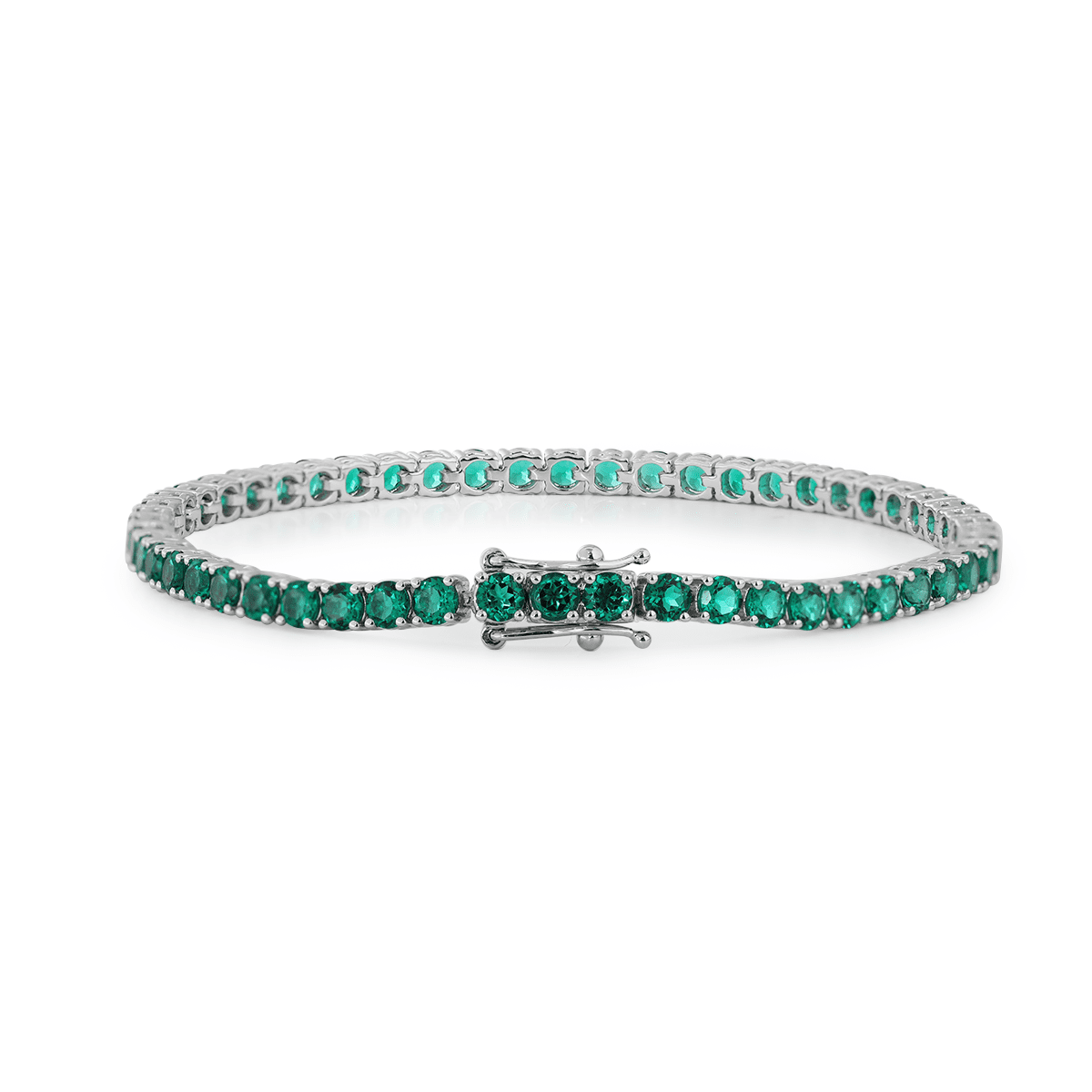 3mm Round Zambian Lab Emerald 4 Prong Basket Tennis Bracelet with Box Clasp and Double Safety - MMR