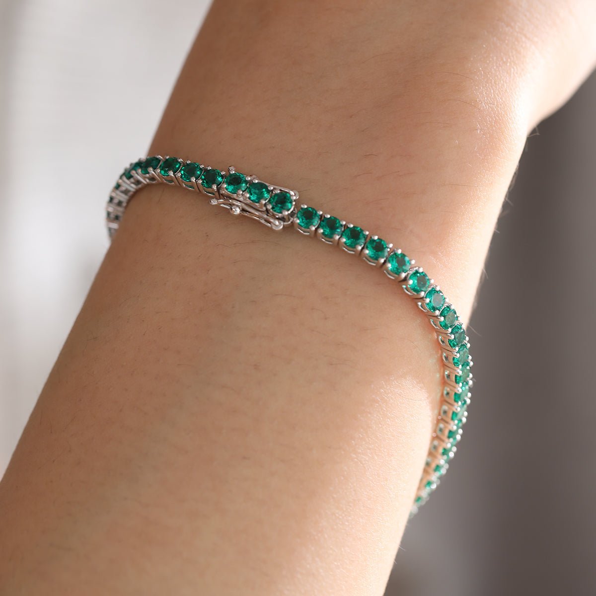 3mm Round Zambian Lab Emerald 4 Prong Basket Tennis Bracelet with Box Clasp and Double Safety - MMR