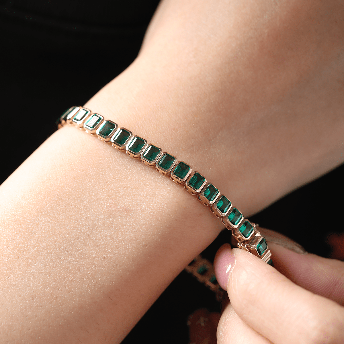 4×3mm Emerald Cut Lab Zambian Emerald Bezel - Set Tennis Bracelet with Box Clasp and Double Safety - MMR